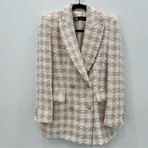 NWOT Zara Textured Tweed Light Pink Double Breasted Blazer. Blogger fave. - Picture 6 of 12